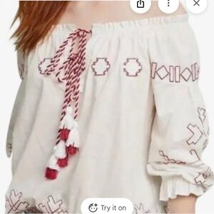 Anthropologie xl White peasant Blouse with Red Embroidery boho revival Harlyn